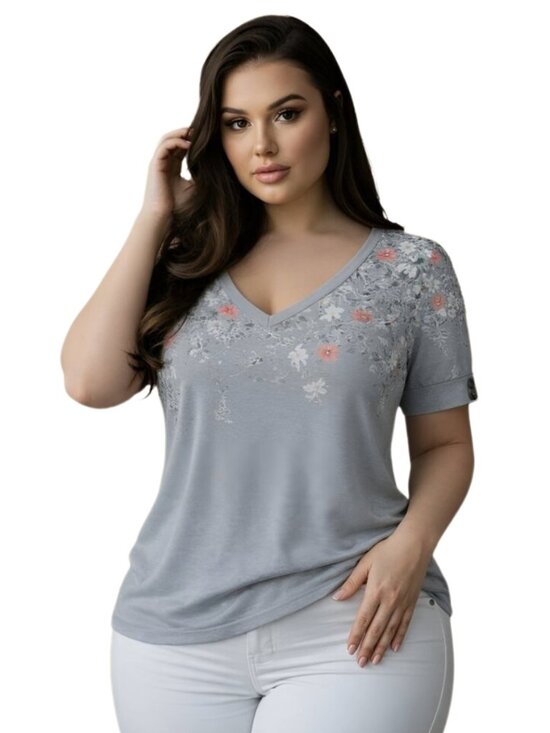 Tops - Women's Tops Short Sleeve Shirt, V Neck, Dressy Casual, GREY, Size 2XL